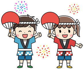 夏祭りで法被をきた笑顔の子供たちのイラスト
