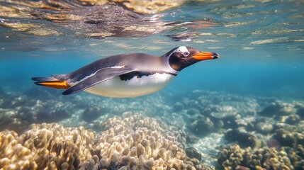 Underwater shot of a gentoo penguin swimming gracefully over a vibrant coral reef.