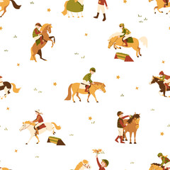 Seamless pattern with cartoon children riding horses, jumping obstacles and playing outdoors on a white background