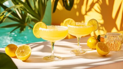 Two refreshing yellow cocktails garnished with lemon slices by the pool.