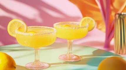 Two refreshing yellow cocktails garnished with lemon slices and sugar rim, on a pastel table, in sunlight.