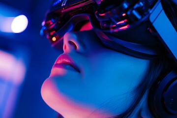 Young man using advanced VR glasses in immersive high tech environment, future experience, generative ai