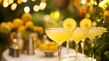 Three lemon cocktails in coupe glasses on a tray with blurred background.