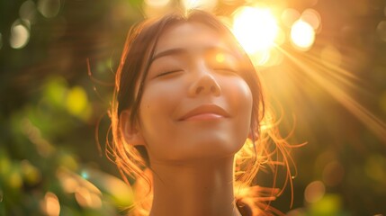 Fototapeta premium A serene portrait of a woman basking in warm sunlight with a peaceful expression, surrounded by lush greenery, capturing the essence of nature and tranquility.