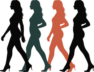 Silhouette of four women walking in a row with different colors and a light gray background color