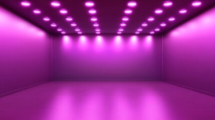 Empty room with glowing neon purple spotlights and abstract light effects, futuristic interior background with illuminated walls and floor, ideal for modern stage design, studio backdrop, or sci-fi di
