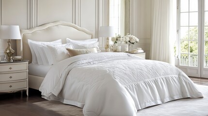 Luxurious bedroom with white bedding, elegant headboard, and natural light.