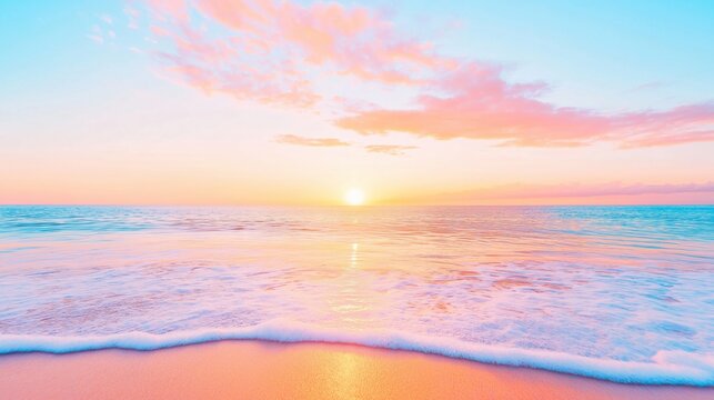 Sunset over ocean with colorful sky reflection on wet sand beach. Tropical vacation and romantic beach concept. Image for wallpaper, poster and social media background with copy space.