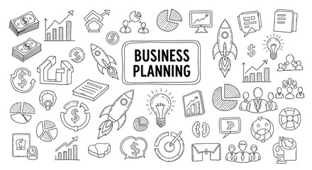 Business Planning Hand Drawn Doodle Set - Vector Strategy and Finance Icons