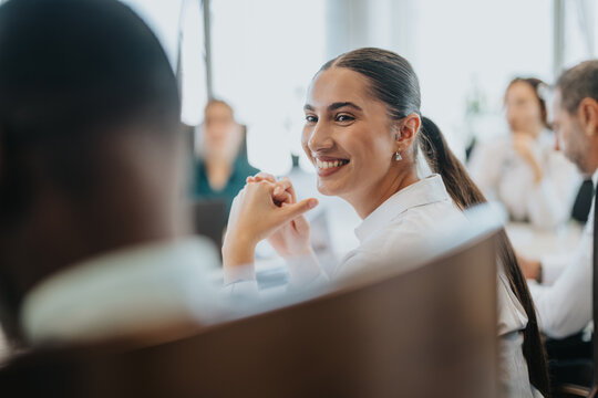A cheerful businesswoman smiles during a multicultural office meeting, showcasing teamwork and collaboration.