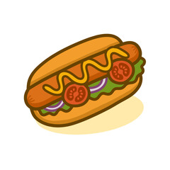 Cartoon Style Detailed Hotdog with Toppings Delicious Culinary Food Illustration