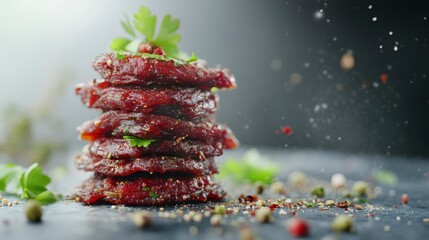 Stack of seasoned beef slices, garnished with parsley, peppercorns, and spices on a dark surface.
