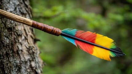 Close-up of a colorful arrow fletching against a tree trunk.