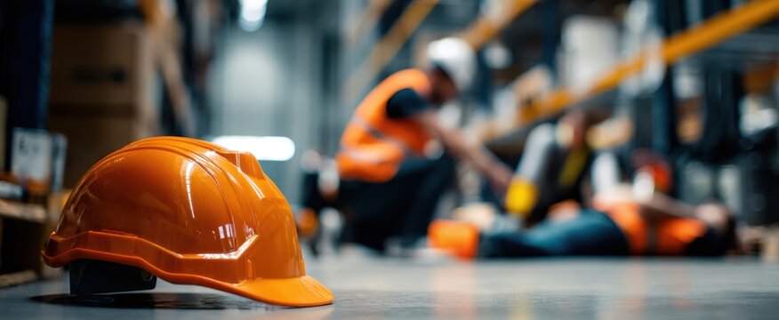The safety helmet in a warehouse highlights the importance of workplace precautions.