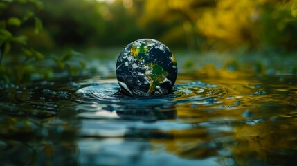 A stunning representation of Earth floating in water, with vibrant colors and reflections, symbolizing the beauty and fragility of our planet amidst lush natural surroundings.
