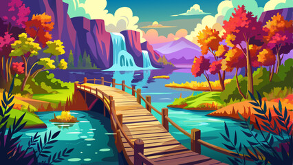 Infrared filtered view of Plitvice Lakes National Park in Croatia, featuring a wooden footbridge crossing the crystal-clear lake. Splendid summer scenery with surreal colors