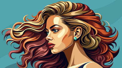 Profile of a beautiful woman with shiny wavy hair cascading over her shoulder. Her curly hairstyle speaks fashion, while the model girl radiates modern beauty with cosmetics and natural makeup