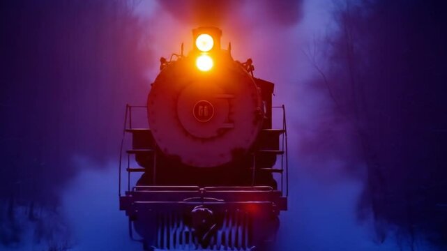 Illuminated Steam Train Traveling Through Winter Forest at Dusk, Dramatic Lighting