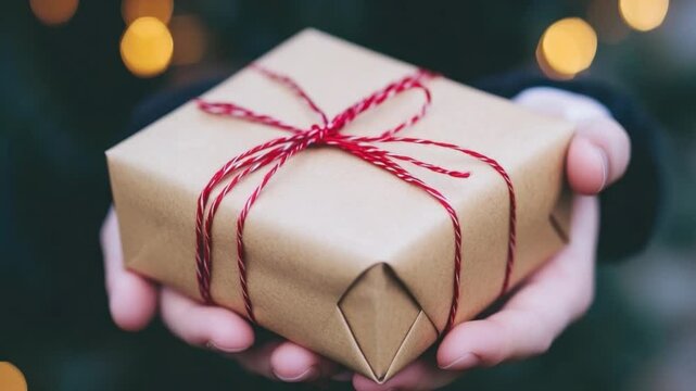 Gift of Giving: A person tenderly cradles a meticulously wrapped gift, its rustic paper adorned with a delicate red twine bow, embodying the spirit of generosity and affection.
