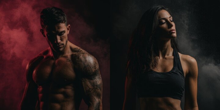 Powerful fitness image of a muscular man and woman. Dramatic lighting and smoky background. Ideal for fitness, health, and sports marketing.  Great for websites, print, and social media.