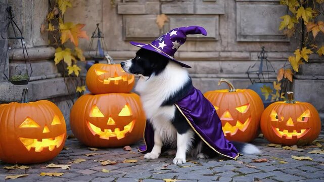 Border collie in wizard costume poses beside glowing jack-o'-lanterns during Halloween celebration in an autumn garden