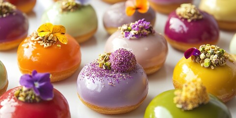 Vibrant Gourmet Pastries Exquisite Glazed Doughnuts with Edible Flowers