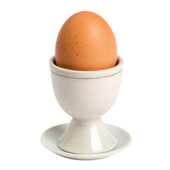 Egg nestled in a white ceramic egg cup against a plain white background for a minimalist display