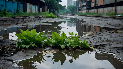 A detailed, high-resolution image depicting a dirty, gloomy slum-like garbage dump filled with plastic waste, rotten debris, and overgrown green plants. The polluted environment is surrounded by old, 