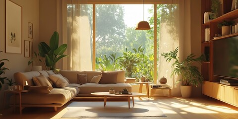 Fototapeta premium Sunlit Living Room Design Modern Interior with Natural Light