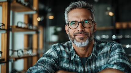 Obraz premium A middle-aged man with a beard stands smiling in an eyeglasses store, showcasing his style and confidence, highlighting the importance of self-image and personal choices.