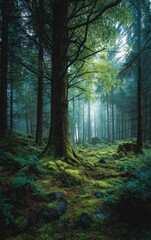 Naklejka premium Enchanted forest scene. Mossy trees, ferns, and a mysterious atmosphere. Ideal for fantasy, nature, and environmental themes. Perfect for websites, game design, and advertising.