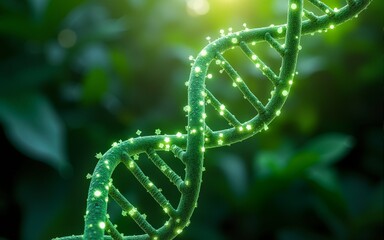 A glowing green DNA helix  with digital data symbols, set against lush foliage, symbolizing nature and biotechnology. Ideal for themes of genetic research, bioengineering, and eco-friendly innovation.