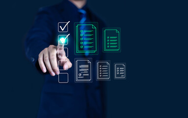 


Businessman checking checkbox, Business performance checklist concept, Survey, Check off checklist, Fill out online form, Document management system, DMS, Performance appraisal 