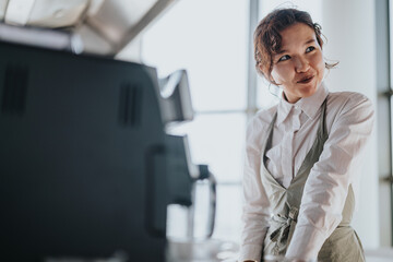A young business worker wearing an apron is smiling, standing in a modern office. The light...