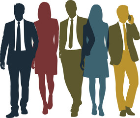 Silhouette illustration of five business people standing in suits and dresses on a plain background