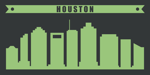 Fototapeta premium the silhouette of the city of Houston with a green outline of skyscrapers on a dark background. Above the silhouette is a ribbon with the inscription “HOUSTON” in the same green color.