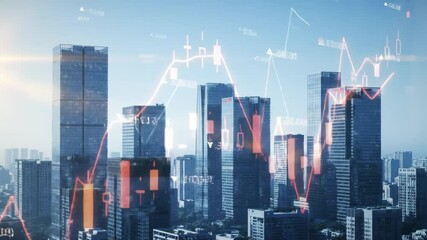 Futuristic city skyline with animated financial data overlays, energetic urban market - Powered by Adobe