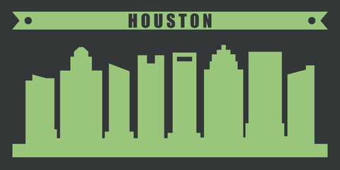 the silhouette of the city of Houston with a green outline of skyscrapers on a dark background. Above the silhouette is a ribbon with the inscription “HOUSTON” in the same green color.