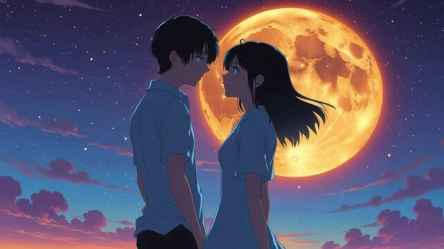 Two couple stand facing each other silhouetted against a full moon night sky romantic themes animated footage.
