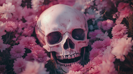 A pink skull rests surrounded by vibrant flowers, blending beauty and mortality in a strikingly surreal display.