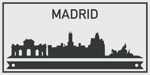 Obraz premium Silhouette of Madrid city skyline with minimalistic design in black and gray color scheme and decorative ribbon for text on the bottom. Vector on a gray background