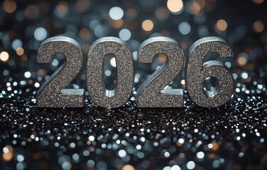 The banner. Happy New Year and Merry Christmas. Shiny numbers from 2026, sequins and a beautiful side on a dark background. The flyer. Invitation.