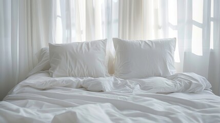 A serene image of a casually unmade white bed, drenched in soft natural light, offers a peaceful and inviting atmosphere perfect for a restful retreat.