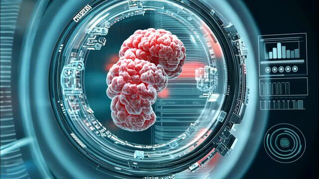 Close view of human cancer cells under microscope showing cellular detail in a medical science scan