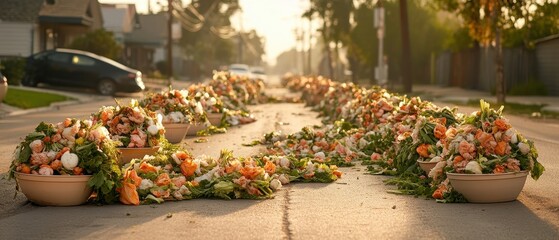 Flowers Spilling from Containers Lining a Suburban Street Promoting Zero Waste Concept and Sustainable Living Practices