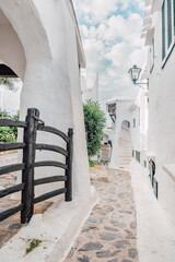 Picturesque Whitewashed Alley In Binibeca Vell With Traditional Menorcan Gate. Charming Coastal Village, Balearic Islands Architecture, Idyllic Scene