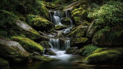 Obraz premium Serene waterfall flowing over moss-covered rocks in a lush forest. Perfect for websites, advertising, and print. Evokes tranquility and natural beauty. Ideal for calming visuals.