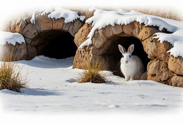 Snowshoe hare peeking out from burrow entrance