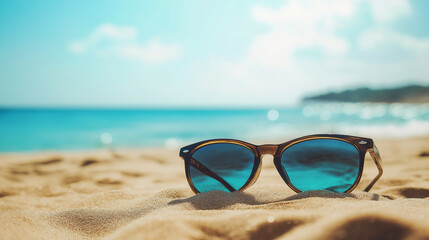 sunglasses on a sandy beach at sunshine