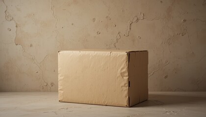 Minimalist Tan Cardboard Box Mockup Against Beige Wall